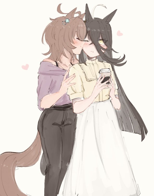 hydr051, agnes tachyon (umamusume), manhattan cafe (umamusume), umamusume, commentary, symbol-only commentary, 2girls, animal ears, black hair, black pants, brown hair, closed eyes, closed mouth, cup, disposable coffee cup, disposable cup, heart, holding, holding cup, horse ears, horse girl, horse tail, kiss, kissing cheek, long hair, multiple girls, off-shoulder shirt, off shoulder, pants, purple shirt, shirt, simple background, skirt, tail, white skirt, yellow background, yellow eyes, yuri
