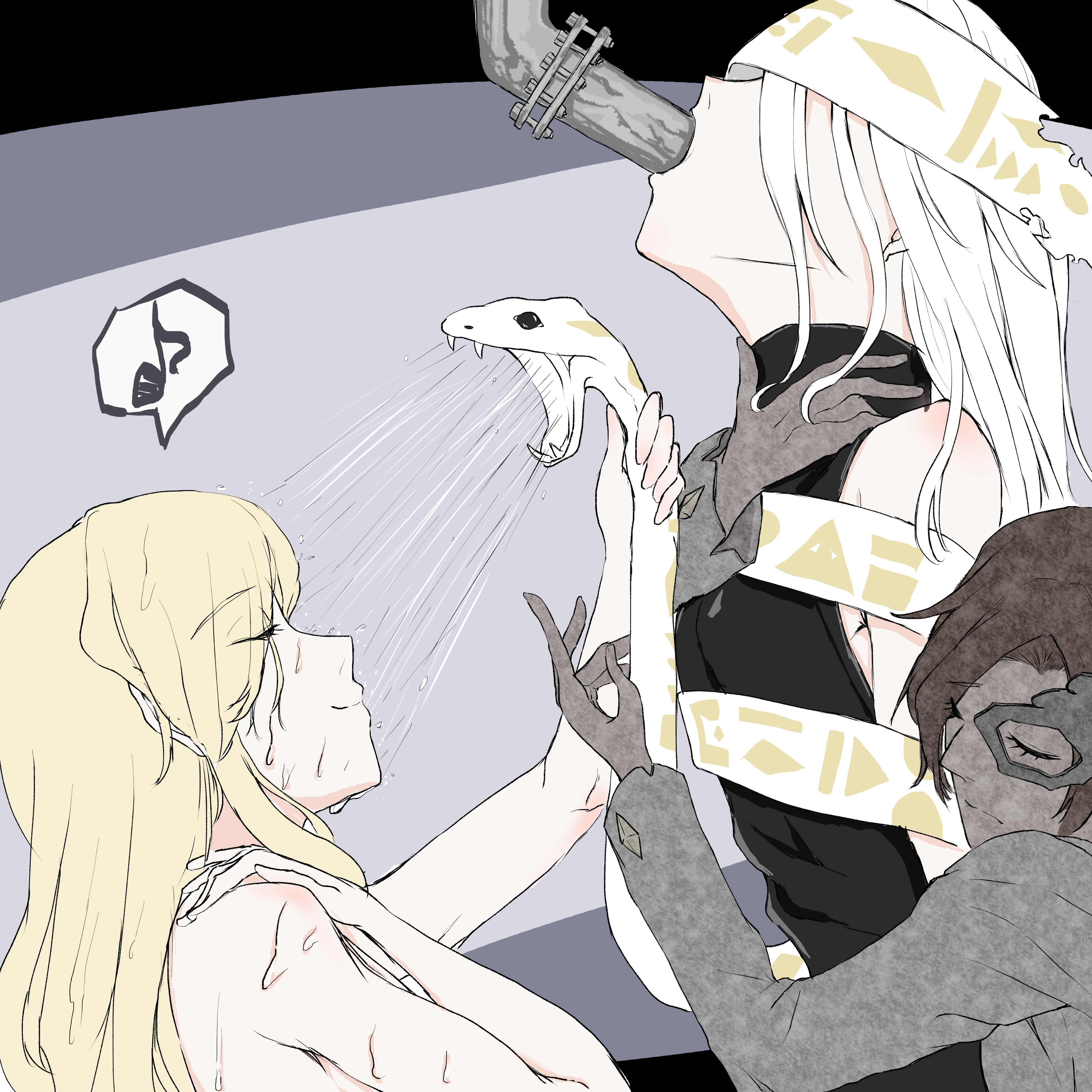 iwanaga ariya, watatsuki no toyohime, yuiman asama, touhou, absurdres, highres, 3girls, araya ruto, blonde hair, brown hair, closed eyes, covered eyes, eye mask, hug, hug from behind, industrial pipe, jewelry, long hair, long sleeves, multiple girls, musical note, nude, sash, short hair, showering, sleeveless, sleeveless turtleneck, snake, spoken musical note, turtleneck, wet, white hair