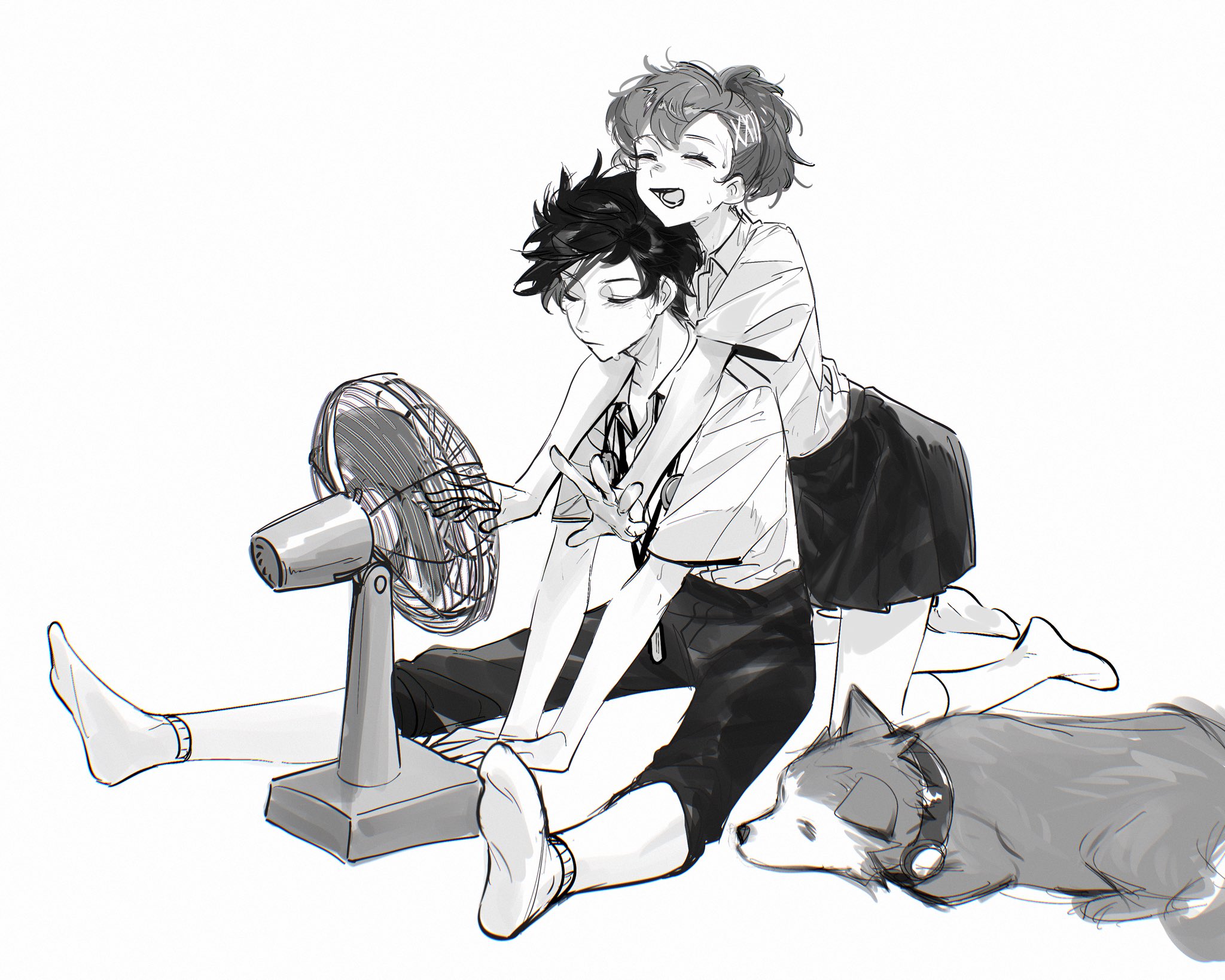 rrrrrrrrrrrou1, koromaru (persona), shiomi kotone, yuuki makoto (persona 3), persona, persona 3, persona 3 portable, highres, 1boy, 1girl, black hair, black pants, black skirt, closed eyes, digital media player, electric fan, gekkoukan high school uniform, greyscale, hair ornament, hairclip, hairpin, headphones, lying, monochrome, open mouth, pants, school uniform, shirt, simple background, sitting, skirt, smile, white background, white shirt