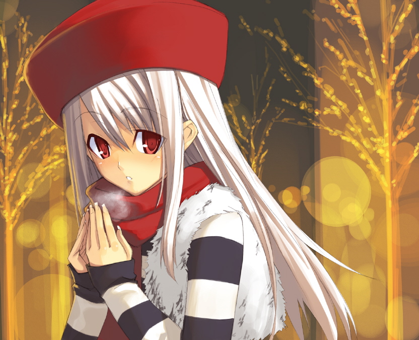 illyasviel von einzbern, fate/stay night, fate (series), striped, corrupted metadata, 00s, 1girl, albino, female focus, fur hat, hat, long hair, red eyes, red hat, red scarf, scarf, solo, white hair