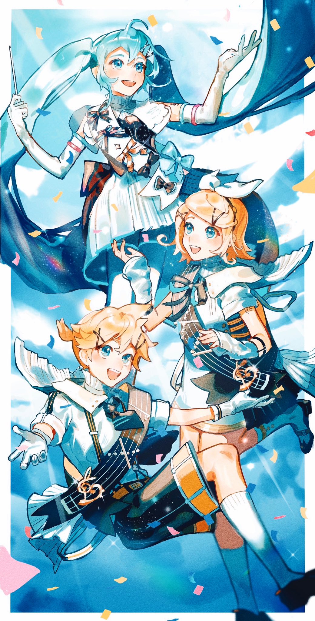 nunosei, hatsune miku, kagamine len, kagamine rin, miku symphony (vocaloid), vocaloid, hashtag-only commentary, highres, 1boy, 2girls, aqua eyes, aqua hair, belt, black bow, black hairband, black necktie, black sash, black shoes, black shorts, blonde hair, blue bow, blue eyes, blue hair, blush, boots, bow, capelet, conductor baton, confetti, dress, elbow gloves, floating hair, gloves, hair between eyes, hair bow, hair ornament, hairband, hairclip, holding baton, knee boots, kneehighs, long hair, looking up, multiple girls, musical staff, necktie, open mouth, ponytail, print sash, sash, shoes, short dress, short hair, short ponytail, short sleeves, shorts, shoulder sash, sleeveless, sleeveless dress, smile, socks, suspenders, teeth, twintails, upper teeth only, very long hair, white arm warmers, white bow, white capelet, white dress, white gloves, white sash, white socks, yellow belt, yellow bow