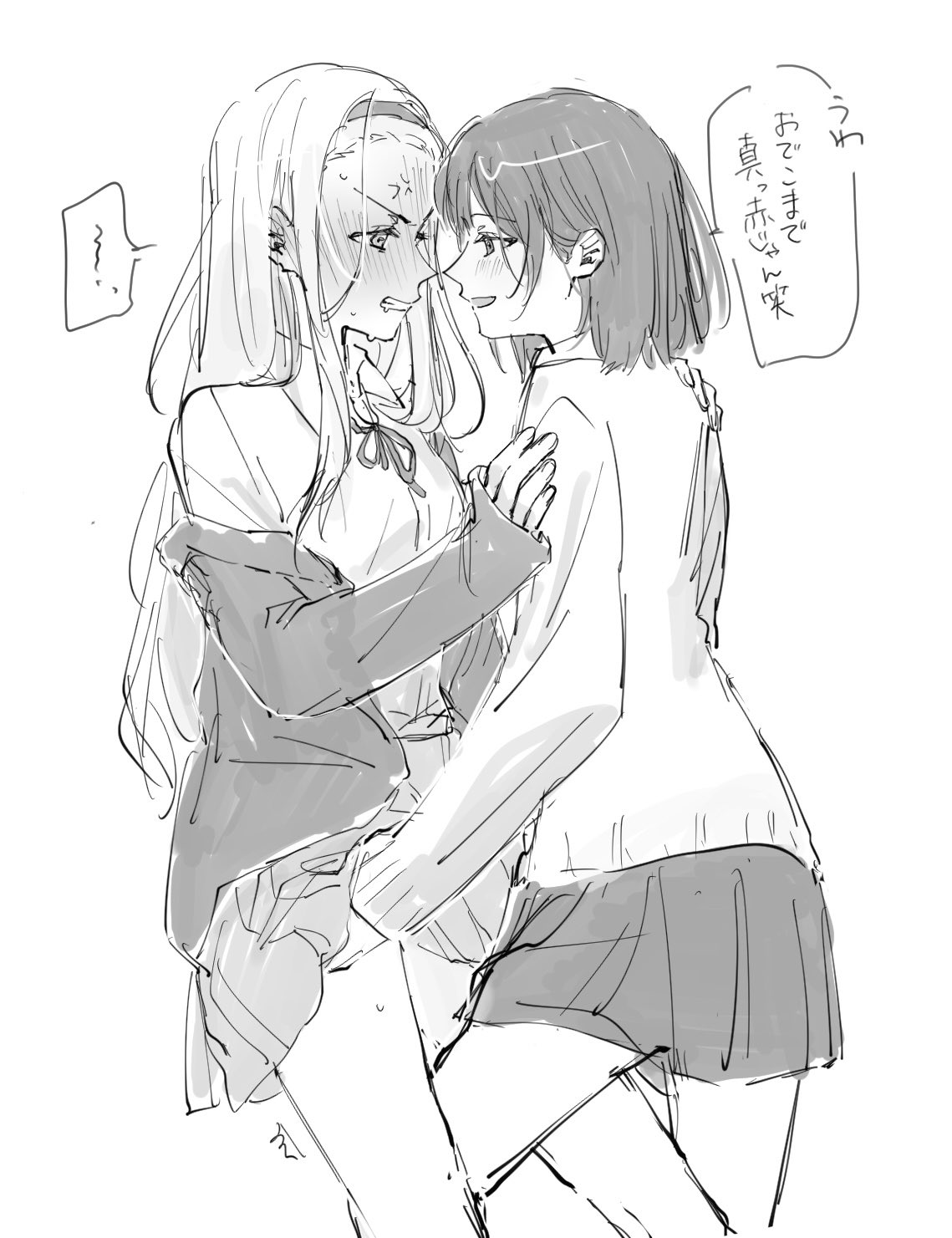 kirarazaka marina, kuze shizuka, takopii no genzai, highres, translation request, anger vein, angry, between legs, black hair, blonde hair, blush, bow, bowtie, brown jacket, flirting, full-face blush, hairband, hand on another's arm, hand on another's shoulder, hand on another's thigh, headband, implied fingering, jacket, legs, long hair, mobudeshi, monochrome, saliva, school uniform, shirt, short hair, skirt, smile, spoken anger vein, sweatdrop, white background, white shirt, yuri
