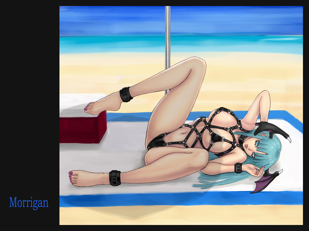 ark (morita hitomi), morrigan aensland, capcom, darkstalkers, 1girl, barefoot, beach, breasts, character name, demon girl, feet, female focus, fingernails, large breasts, long fingernails, long hair, nail polish, purple nails, solo, spread legs, toenail polish, toenails