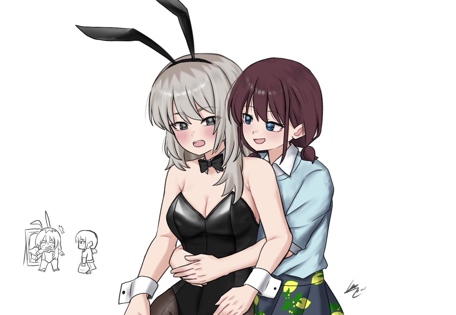fukaigreen, iseri nina, kawaragi momoka, girls band cry, commentary, 2girls, animal ear hairband, animal ears, black bow, black bowtie, black leotard, black pantyhose, black skirt, blue eyes, blue shirt, blush, bow, bowtie, breasts, cleavage, detached collar, fake animal ears, food print, fruit print, grey eyes, grey hair, hairband, hand on another's waist, hug, hug from behind, lemon print, leotard, medium breasts, multicolored hair, multiple girls, open mouth, pantyhose, playboy bunny, print skirt, rabbit ear hairband, rabbit ears, red hair, roots (hair), shirt, short twintails, simple background, skirt, smile, strapless, strapless leotard, twintails, white background, wrist cuffs, yuri