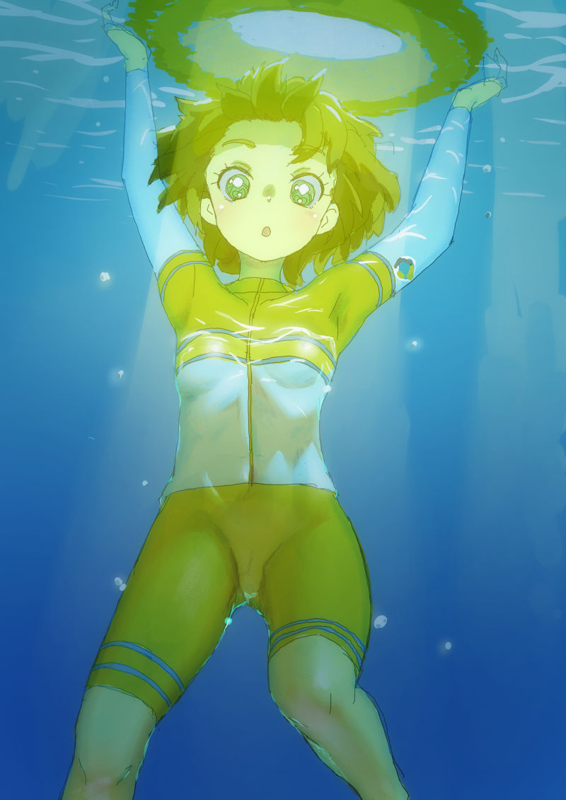 ei (eikun), ichinose minori, precure, tropical-rouge! precure, commentary, english commentary, 1girl, :o, air bubble, arms up, blush, brown hair, bubble, buoy, cameltoe, green eyes, long sleeves, looking at viewer, multicolored swimsuit, ocean, one-piece swimsuit, open mouth, short hair, shorts, skin tight, swimsuit, underwater, water, white one-piece swimsuit, yellow one-piece swimsuit