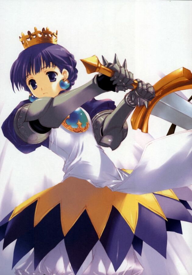 gradriel, gradriel de valendia, atlus, princess crown, 1girl, armor, armored dress, bloomers, blue eyes, blue hair, cowboy shot, crown, dress, female focus, hat, holding, holding sword, holding weapon, solo, standing, sword, two-handed, underwear, weapon, white bloomers