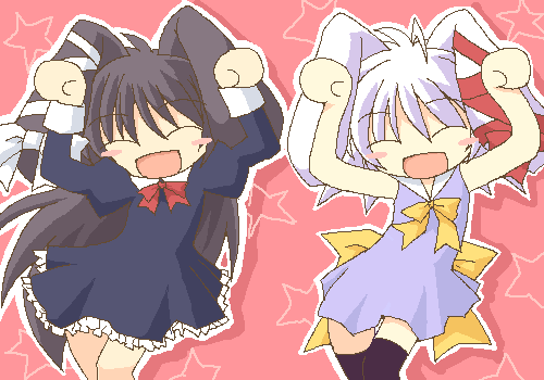 lowres, 2girls, animal ears, caramelldansen, multiple girls, oekaki, rabbit ears, thighhighs