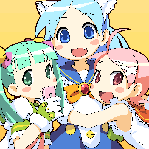 fuura kafuka, kitsu chiri, otonashi meru, sayonara zetsubou sensei, lowres, 00s, blue hair, fang, green hair, magical girl, oekaki, orange background, parted bangs, pink hair, simple background