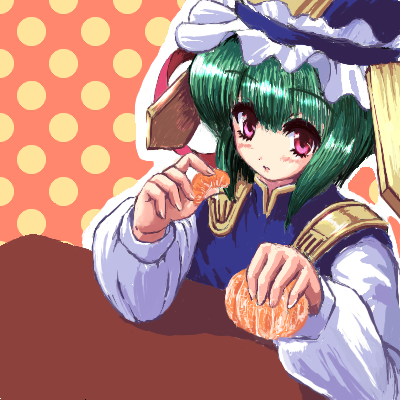 shiki eiki, touhou, lowres, 1girl, blouse, female focus, food, fruit, mandarin orange, oekaki, outline, shirt, solo, white shirt