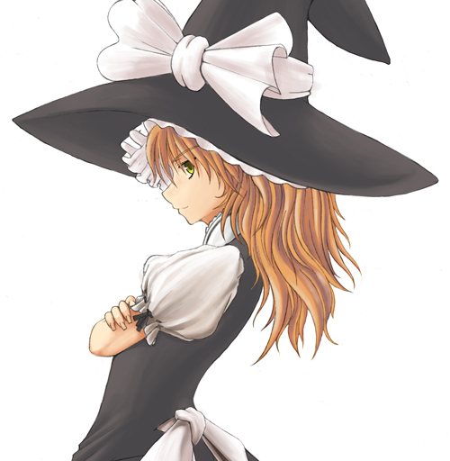 kirisame marisa, touhou, 1girl, black hat, black shirt, blonde hair, blouse, crossed arms, female focus, from side, hat, oekaki, profile, shirt, simple background, solo, white background, witch, witch hat, yellow eyes