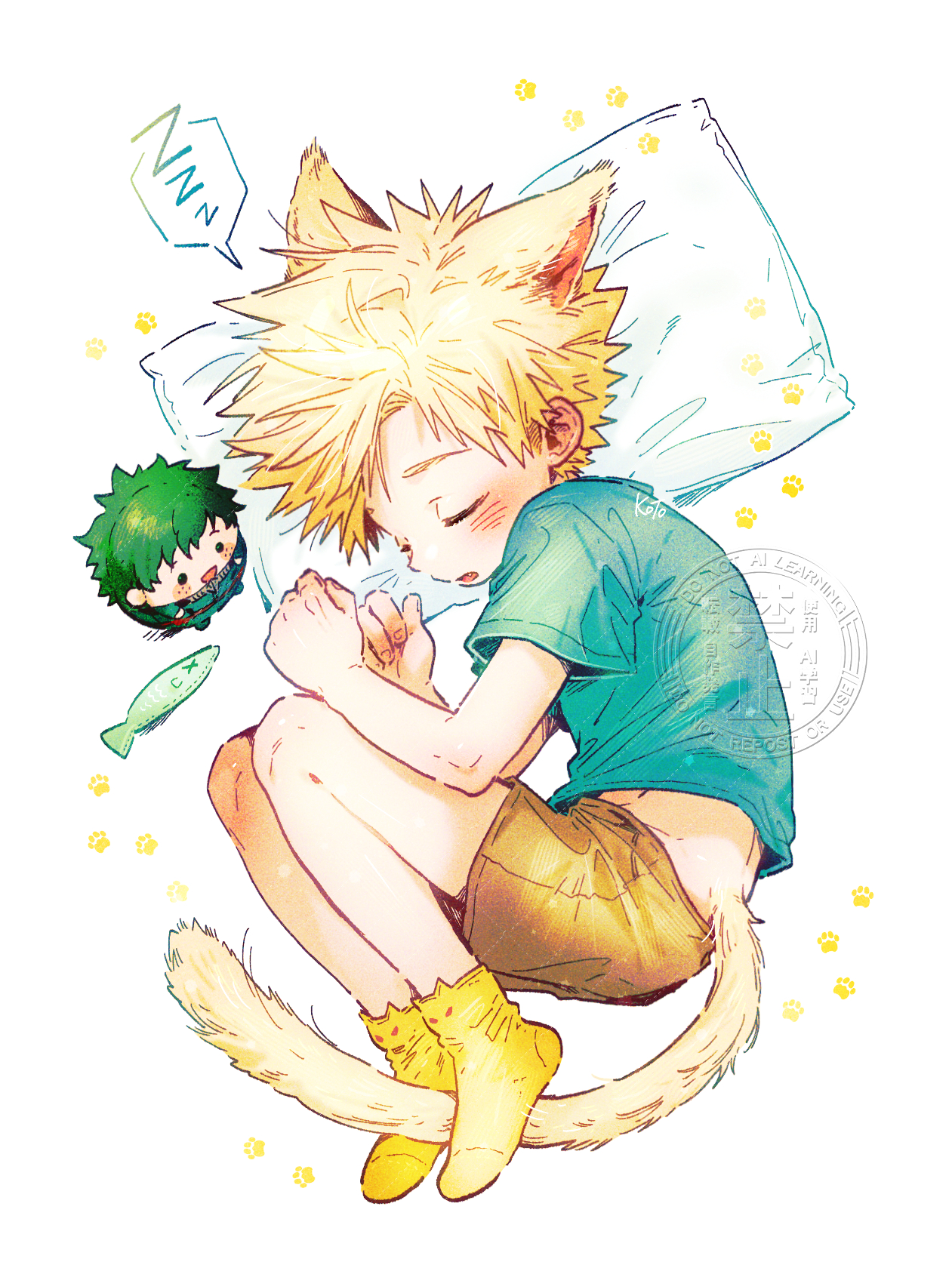 12ko to, bakugou katsuki, midoriya izuku, boku no hero academia, commentary request, highres, 1boy, aged down, animal ears, arms up, blonde hair, blue shirt, blush, cat ears, cat tail, character doll, closed eyes, doll, green hair, kemonomimi mode, lying, male focus, midriff peek, on side, open mouth, pillow, shirt, short hair, short sleeves, sleeping, smile, socks, solo focus, t-shirt, tail, watermark, yellow socks