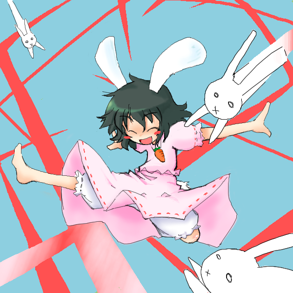 golden pe done, inaba tewi, touhou, 1girl, ^ ^, barefoot, blue background, closed eyes, female focus, full body, happy, oekaki, rabbit, rabbit girl, rabbit tail, smile, solo