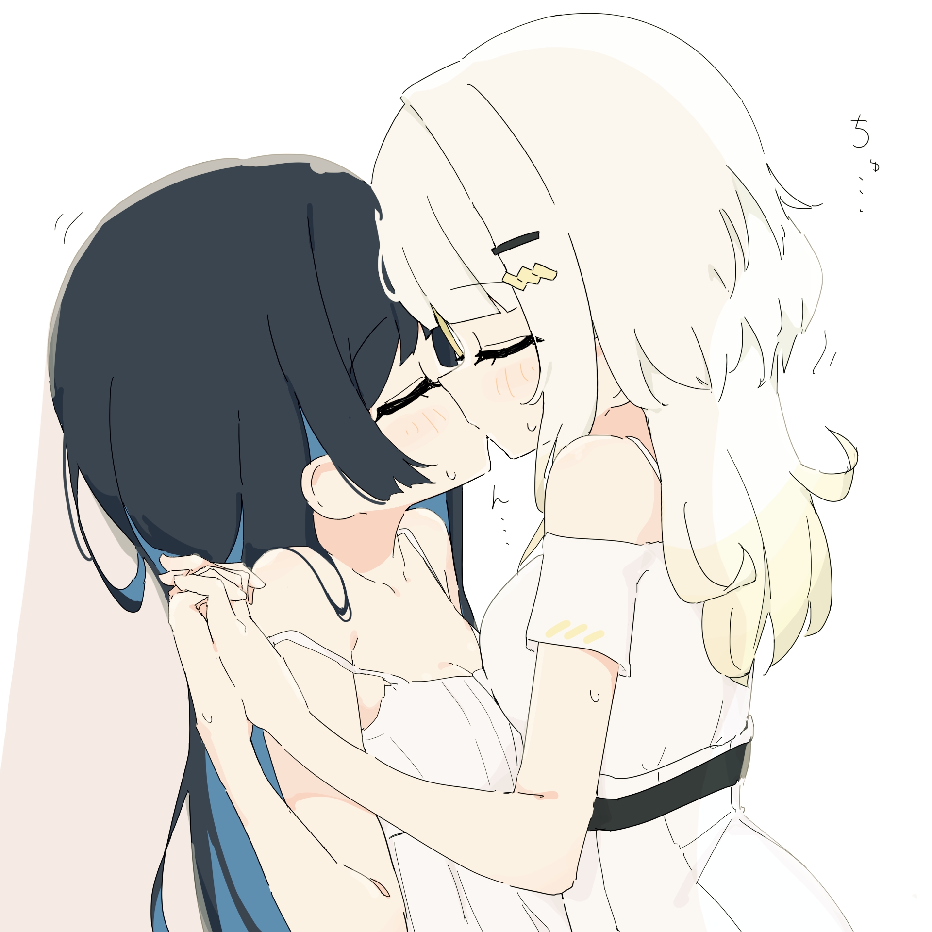 giryu, futaba minato, tsunose kotone, a.i. voice, cevio, highres, 2girls, black hair, blue hair, blush, closed eyes, colored inner hair, dress, hair ornament, hairclip, holding hands, interlocked fingers, kiss, long hair, multicolored hair, multiple girls, off shoulder, strap slip, sweat, upper body, white background, white dress, white hair, yuri