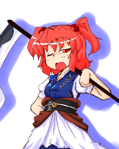 golden pe done, onozuka komachi, touhou, lowres, 1girl, female focus, oekaki, scythe, solo