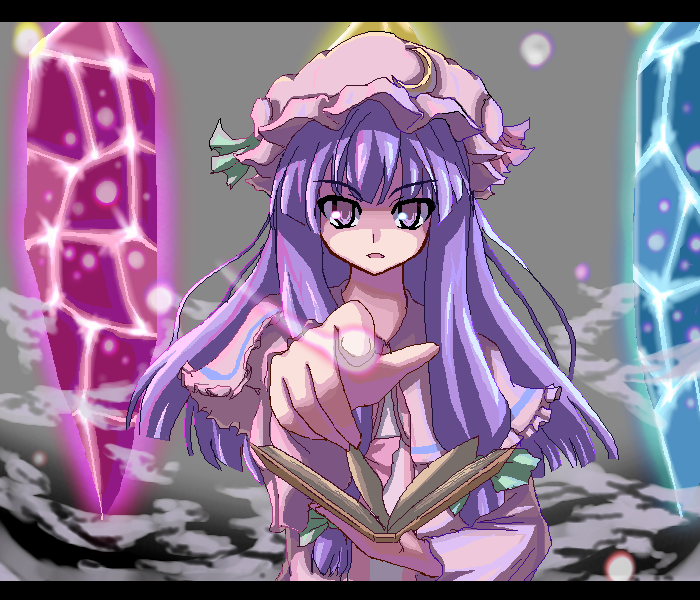 akiyasu, patchouli knowledge, touhou, 1girl, book, crystal, female focus, hat, long hair, magic, mob cap, oekaki, pointing, purple eyes, purple hair, solo, staring, touhuya