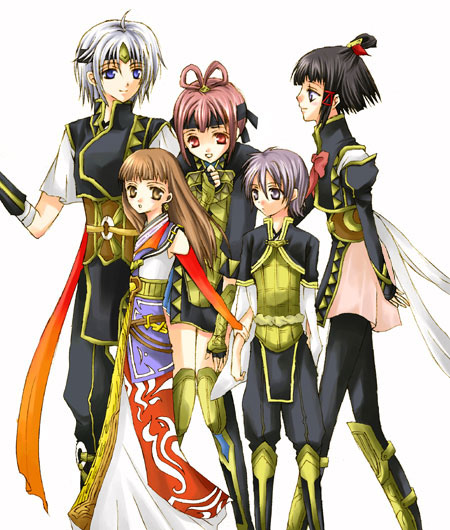 freyjadour falenas, lymsleia falenas, lyon (suikoden), miakis (suikoden), toma (suikoden), toma (suikoden v), gensou suikoden, gensou suikoden v, silver hair, 2boys, 3girls, armor, black hair, blue eyes, bridal gauntlets, brown eyes, brown hair, dress, half updo, headband, long hair, multiple boys, multiple girls, pink eyes, pink hair, purple eyes, purple hair, short hair, thighhighs