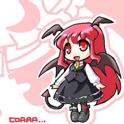 nekoyu, koakuma, embodiment of scarlet devil, touhou, lowres, 1girl, chibi, female focus, full body, head wings, oekaki, solo, standing, white background, wings