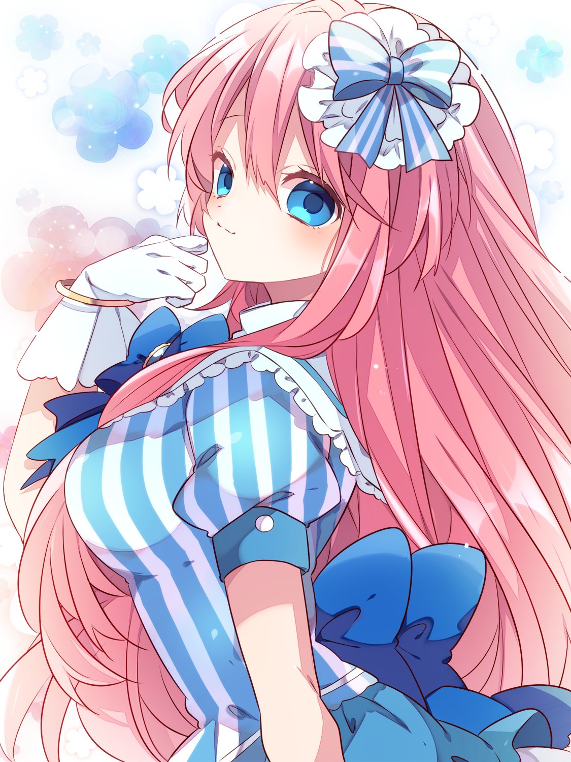 kaho 0102, megurine luka, vocaloid, commentary request, highres, 1girl, back bow, blue bow, blue bowtie, blue dress, blue eyes, blush, bow, bowtie, closed mouth, double-parted bangs, dress, gloves, hair between eyes, hair bow, hand up, long hair, looking at viewer, pink hair, short sleeves, solo, striped bow, striped clothes, striped dress, upper body, white gloves