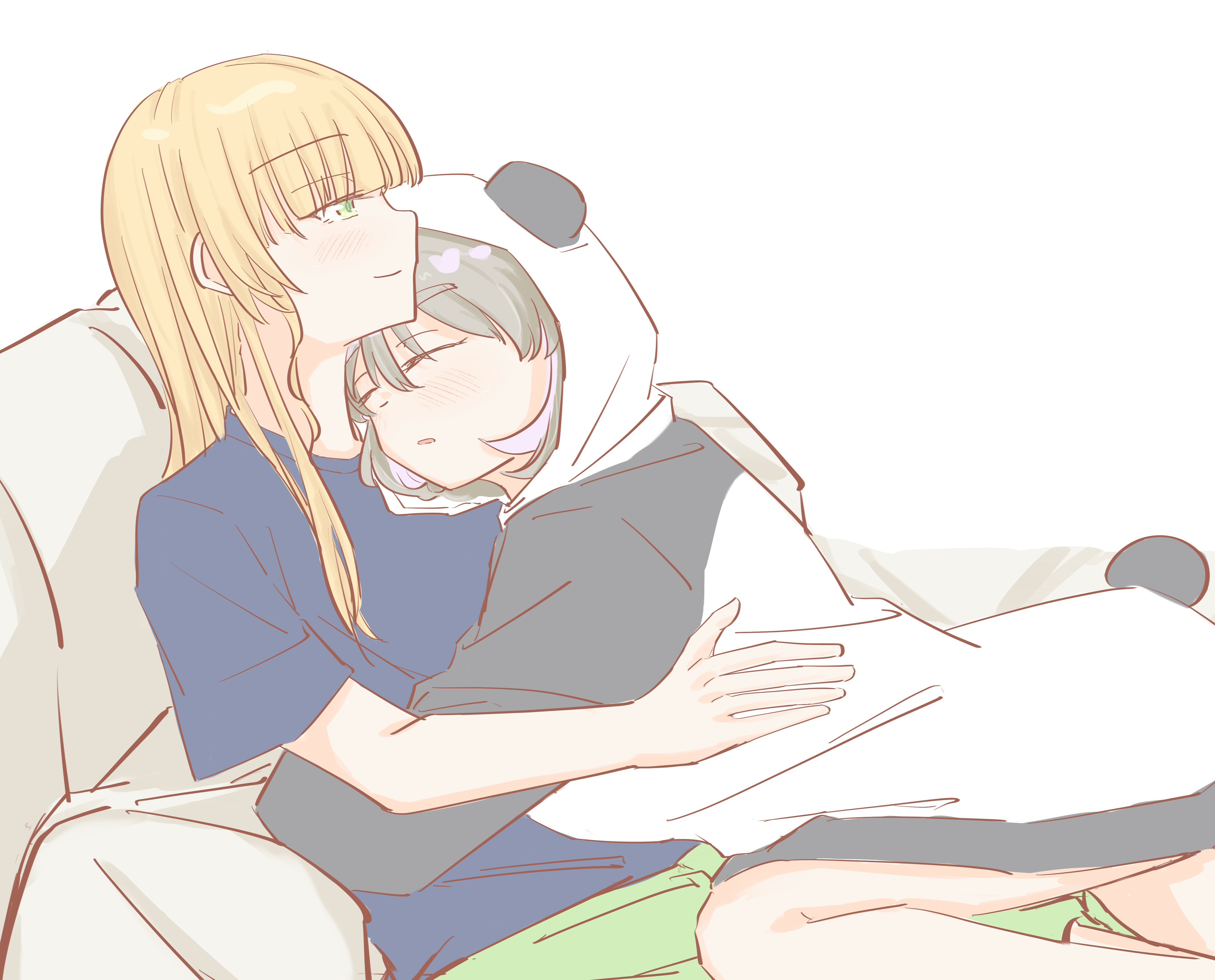 taihai tuifei, heanna sumire, tang keke, love live!, love live! superstar!!, absurdres, chinese commentary, commentary request, highres, 2girls, animal costume, blonde hair, blue shirt, blush, closed eyes, closed mouth, cuddling, green eyes, green shorts, grey hair, hand on another's back, long hair, multiple girls, onesie, panda costume, parted lips, pink streaks, shirt, short sleeves, shorts, smile, yuri