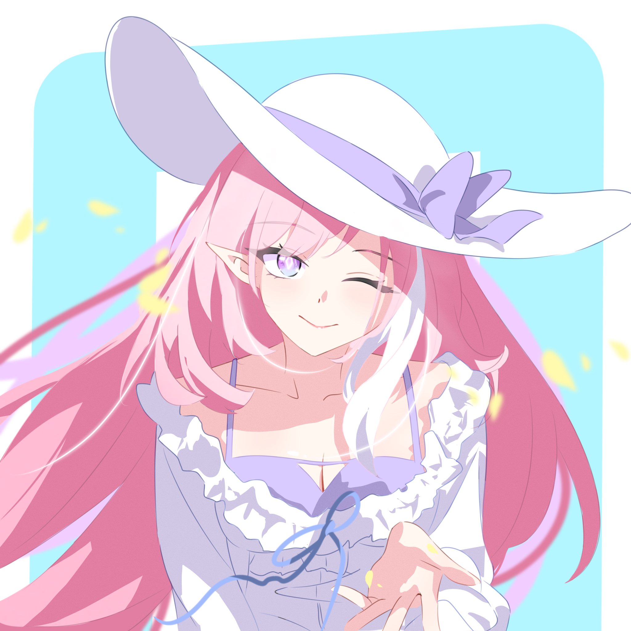 elysia (herrscher of human: ego) (honkai impact), elysia (honkai impact), elysia (summer 2025) (honkai impact), honkai (series), honkai impact 3rd, commentary, english commentary, highres, 1girl, ;), aduyaiii, blue background, border, breasts, cleavage, diamond-shaped pupils, diamond (shape), dress, elf, hat, large breasts, long hair, multicolored hair, official alternate costume, one eye closed, pink hair, pointy ears, smile, solo, sun hat, sundress, symbol-shaped pupils, two-tone hair, very long hair, white border, white dress, white hair, white hat