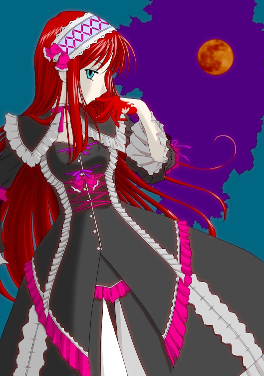tohno akiha, toono akiha, vermillion akiha, tsukihime, 00s, blood, full moon, goth fashion, gothic lolita, lolita fashion, moon, red hair, red moon, solo