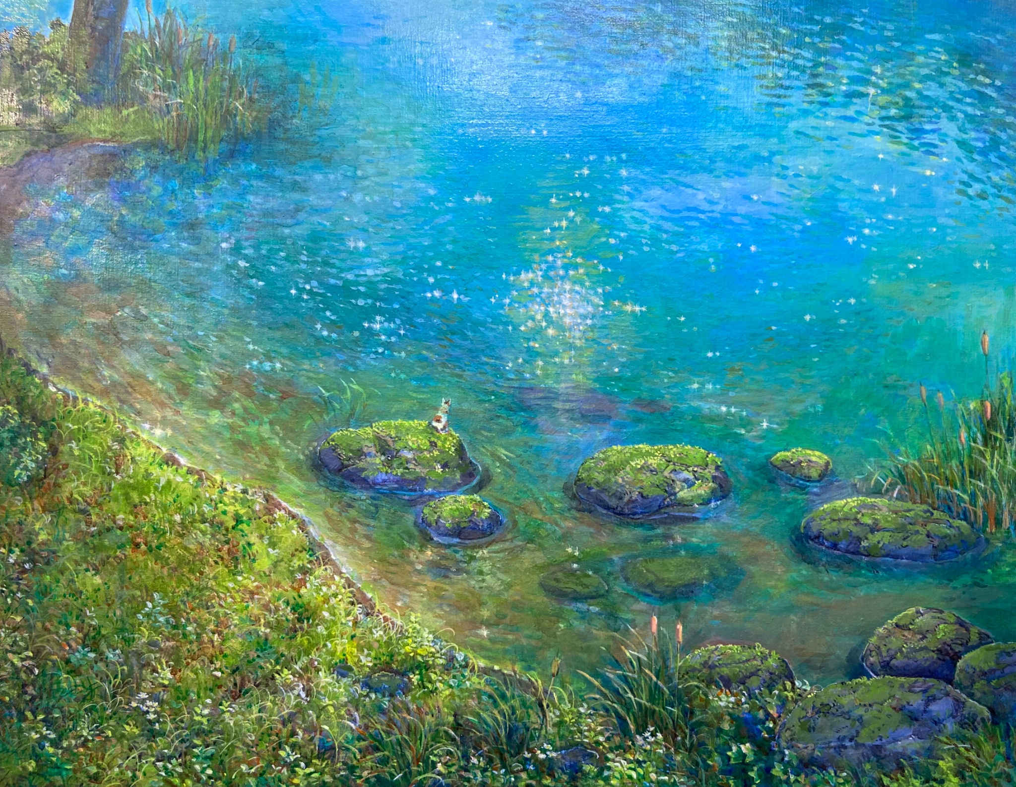 shiraishi takashi, original, commentary request, highres, calico (pattern), calico cat, cat, cattail, day, grass, no humans, outdoors, plant, ripples, rock, scenery, water
