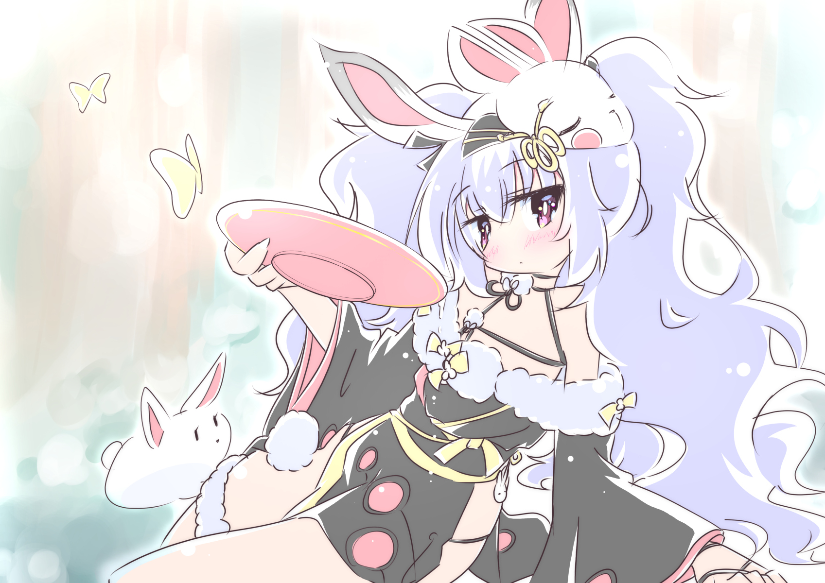 anonymous no23, laffey (azur lane), laffey ii (azur lane), azur lane, highres, 1girl, animal ears, black kimono, bug, butterfly, closed mouth, cup, flat chest, fur-trimmed kimono, fur trim, holding, holding cup, insect, japanese clothes, kimono, looking at viewer, mask, mask on head, messy hair, official alternate costume, petite, rabbit, rabbit ears, red eyes, sakazuki, solo, white hair, wide sleeves