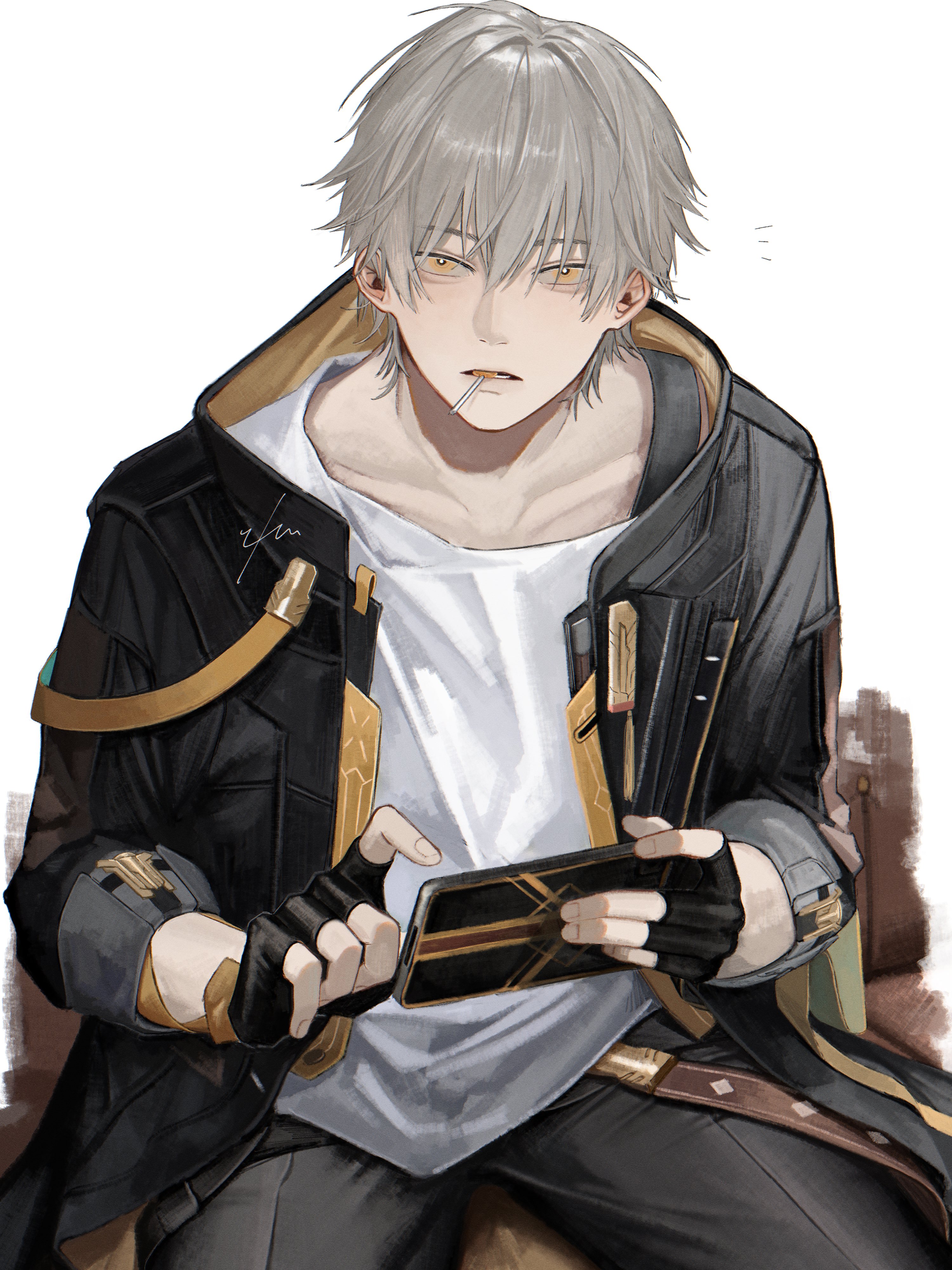 ieririr, caelus (honkai: star rail), trailblazer (honkai: star rail), chupa chups, honkai: star rail, honkai (series), absurdres, highres, 1boy, black coat, black gloves, black pants, candy, cellphone, coat, collarbone, fingerless gloves, fingernails, food, gloves, grey hair, hair between eyes, hands up, holding, holding phone, hood, hooded coat, lollipop, long sleeves, looking at viewer, male focus, notice lines, open clothes, open coat, open mouth, pants, phone, shirt, short hair, signature, simple background, sitting, smartphone, solo, spread legs, t-shirt, teeth, two-sided coat, two-sided fabric, white background, white shirt, yellow coat, yellow eyes