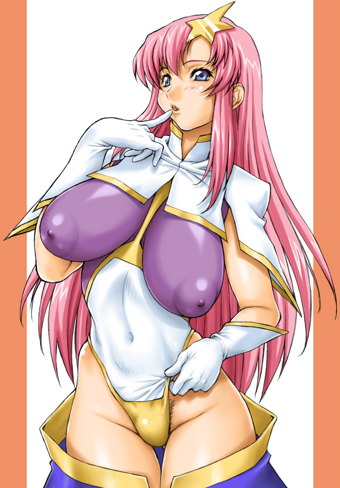 gegera, meer campbell, gundam, gundam seed, gundam seed destiny, textless version, 00s, 1girl, blue eyes, breasts, breasts apart, cowboy shot, female focus, female pubic hair, gloves, hair ornament, highleg, huge breasts, leotard, long hair, nipples, pink hair, pubic hair, puffy nipples, solo, star (symbol), star hair ornament