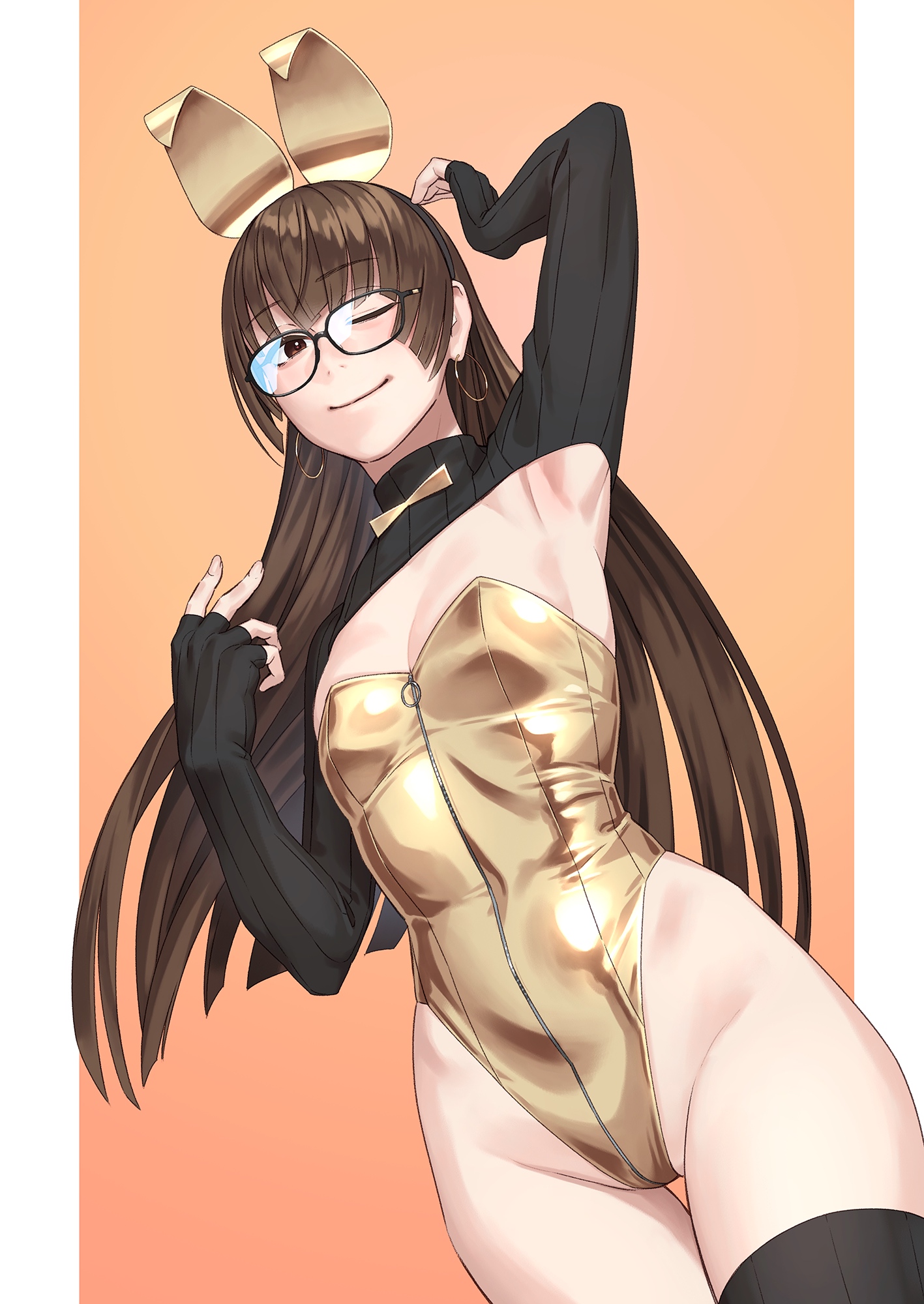 yuuji (and), original, highres, 1girl, animal ears, armpits, arms up, black shrug, black sweater, blush, breasts, brown eyes, brown hair, covered navel, cowboy shot, earrings, fake animal ears, glasses, gold leotard, hairband, highleg, highleg leotard, jewelry, leotard, long hair, looking at viewer, medium breasts, o-ring, one eye closed, playboy bunny, rabbit ears, shrug (clothing), simple background, smile, solo, standing, strapless, strapless leotard, sweater, thighhighs, thighs, very long hair