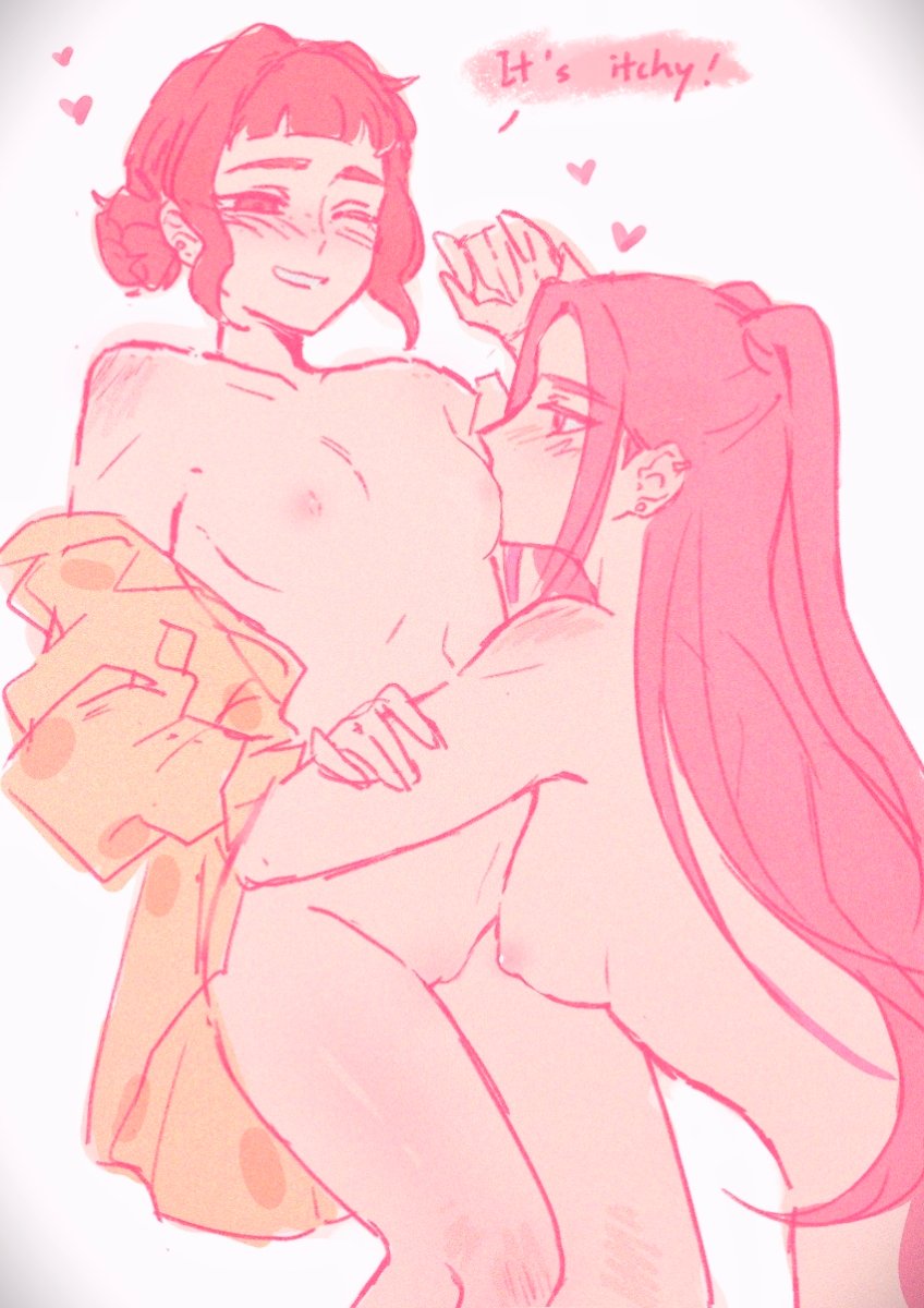 mira (kpop demon hunters), zoey (kpop demon hunters), kpop demon hunters, commentary, english commentary, highres, 2girls, blush, breast sucking, breasts, ear piercing, english text, hair bun, hand on another's arm, heart, long hair, medium breasts, multiple girls, nude, open mouth, piercing, pussy, sleepykai32, small breasts, smile, twintails, yuri