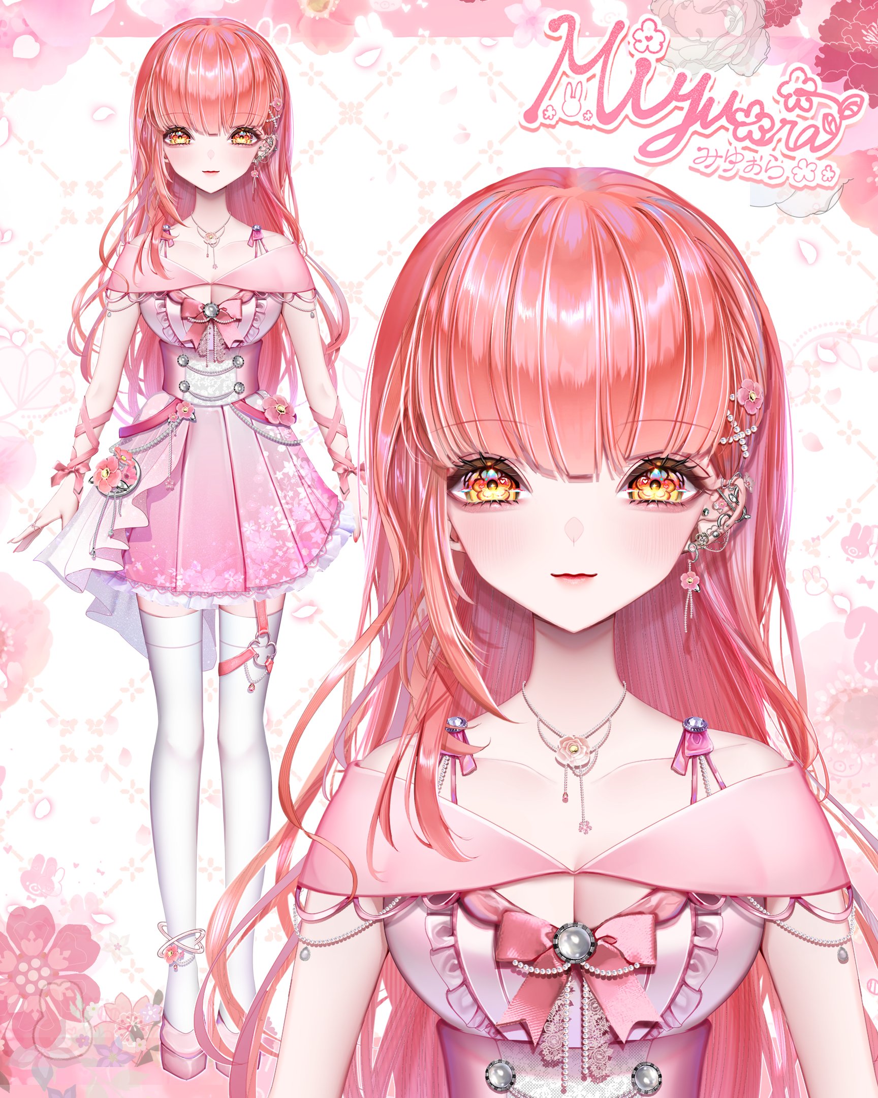 fayuse, indie virtual youtuber, commentary, english commentary, highres, official art, second-party source, 1girl, arm ribbon, arms at sides, blush, bow, breasts, character name, closed mouth, collarbone, dress, ear piercing, earrings, floral background, flower earrings, hair ornament, hairclip, jewelry, lipstick, long hair, looking at viewer, makeup, medium breasts, miyuora, multiple views, necklace, piercing, pink bow, pink hair, pink ribbon, pink shoes, pleated dress, ribbon, shoes, signature, standing, thighhighs, very long hair, virtual youtuber, yellow eyes