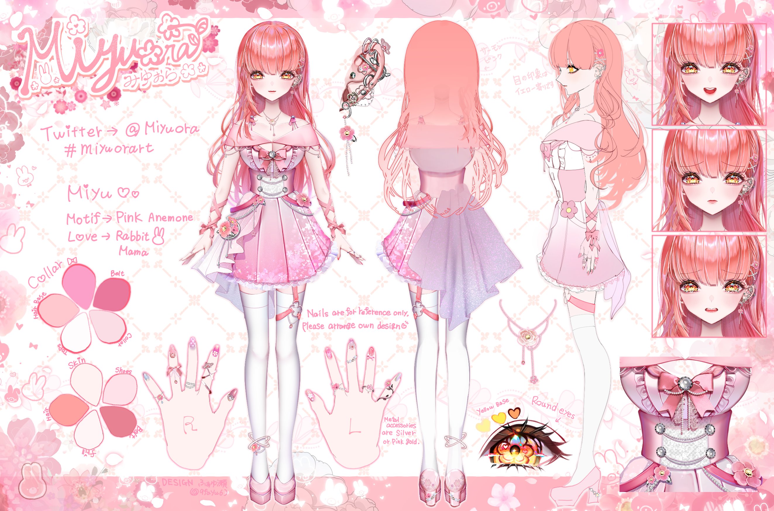 fayuse, indie virtual youtuber, commentary, english commentary, highres, official art, second-party source, 1girl, :d, arm ribbon, arms at sides, blush, border, bow, breasts, character name, closed mouth, collarbone, dress, ear piercing, earrings, english text, floral background, flower earrings, hair ornament, hairclip, hashtag, heart, high heels, jewelry, lipstick, long hair, looking at viewer, makeup, medium breasts, miyuora, multiple expressions, multiple views, necklace, open mouth, outside border, parted lips, piercing, pink bow, pink hair, pink ribbon, pink shoes, pleated dress, profile, reference sheet, ribbon, ring, shoes, signature, smile, standing, thighhighs, twitter username, very long hair, virtual youtuber, yellow eyes