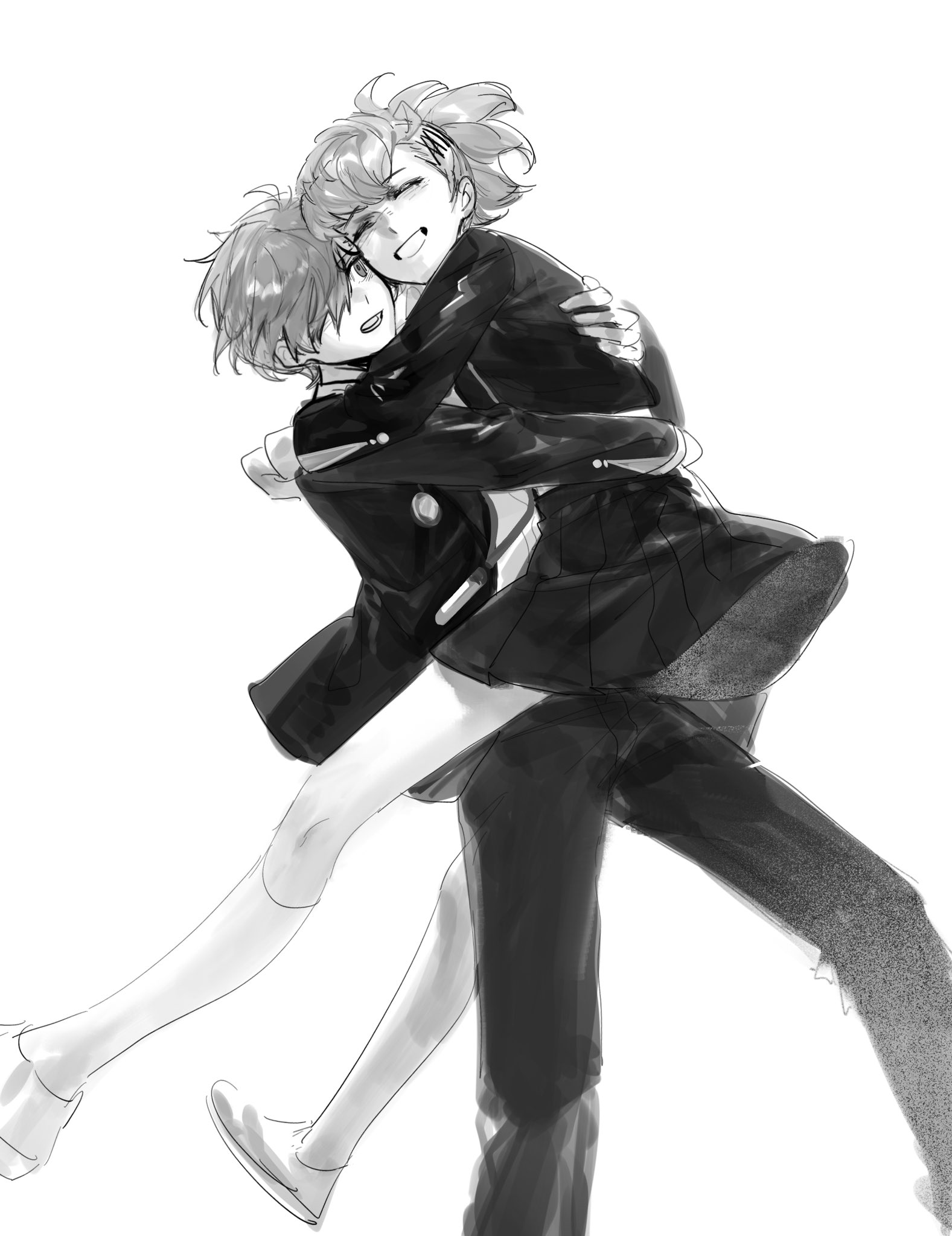 rrrrrrrrrrrou1, shiomi kotone, yuuki makoto (persona 3), persona, persona 3, persona 3 portable, highres, 1boy, 1girl, black jacket, black pants, black skirt, carrying, carrying person, closed eyes, couple, digital media player, gekkoukan high school uniform, greyscale, hair ornament, hairclip, hairpin, headphones, holding, hug, jacket, long sleeves, looking at another, monochrome, one eye covered, pants, school uniform, shirt, simple background, skirt, smile, socks, standing, white background, white shirt, white socks