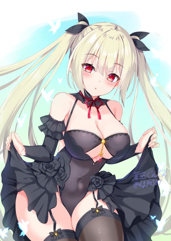 gungun (hakutou7887), original, commentary request, 1girl, aqua background, black bow, black leotard, black skirt, black thighhighs, blonde hair, blush, bow, breasts, bug, butterfly, cleavage, cleavage cutout, clothing cutout, covered navel, cowboy shot, curvy, detached collar, detached sleeves, frilled skirt, frilled sleeves, frills, garter straps, groin, hair between eyes, hair bow, hair ribbon, highleg, highleg leotard, insect, large breasts, leotard, long hair, looking at viewer, parted lips, pleated skirt, red eyes, red ribbon, ribbon, sidelocks, simple background, skirt, skirt hold, solo, straight hair, thighhighs, thighs, twintails, very long hair, white butterfly