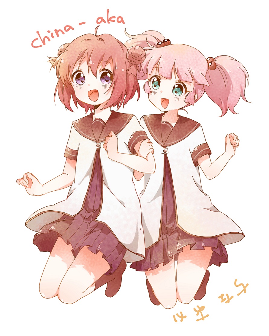 bafarin, akaza akari, yoshikawa chinatsu, yuruyuri, commentary request, commission, 2girls, :d, ahoge, aqua eyes, brown sailor collar, brown socks, buttons, double bun, dress, english text, full body, hair bobbles, hair bun, hair intakes, hair ornament, hands up, holding another's arm, jumping, light blush, looking at another, multiple girls, nanamori school uniform, open mouth, pink hair, pleated dress, purple eyes, red dress, red hair, sailor collar, sailor shirt, school uniform, shirt, short dress, short hair, short sleeves, simple background, smile, socks, twintails, two side up, white background, white shirt, yuri
