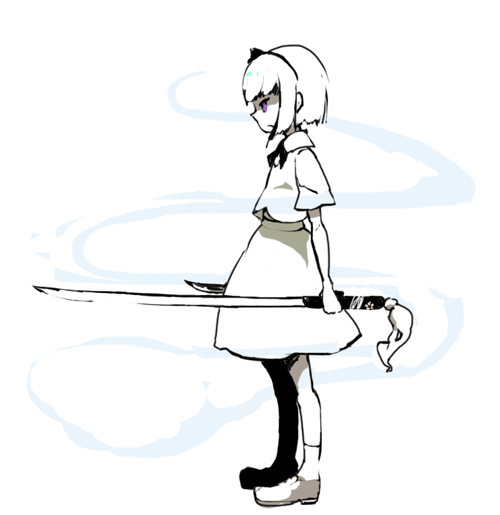 shikai (iesiki 56), konpaku youmu, konpaku youmu (ghost), touhou, 1girl, female focus, greyscale, hitodama, katana, monochrome, shikai, solo, sword, weapon