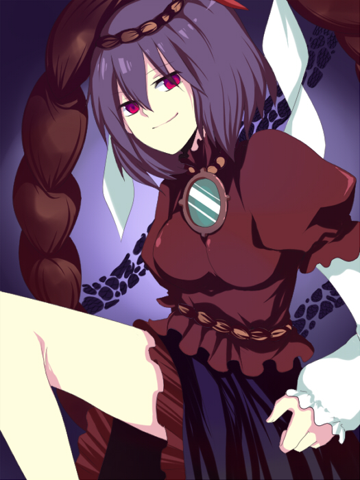 harano, yasaka kanako, touhou, 1girl, breasts, female focus, layered sleeves, long sleeves, looking at viewer, medium breasts, mirror, purple background, red eyes, short hair, short over long sleeves, short sleeves, solo