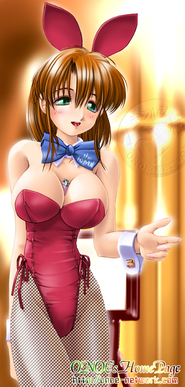 onoe, 1girl, animal ears, between breasts, blue bow, blue bowtie, bow, bowtie, breasts, brown hair, cleavage, cuffs, detached collar, fake animal ears, female focus, fishnet pantyhose, fishnets, green eyes, large breasts, leotard, lighter, pantyhose, playboy bunny, rabbit ears, solo, wrist cuffs
