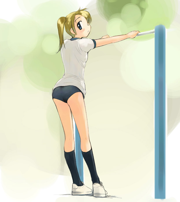 ikeda jun (mizutamari), blonde hair, blue eyes, buruma, gym uniform, horizontal bar, kneehighs, socks, solo