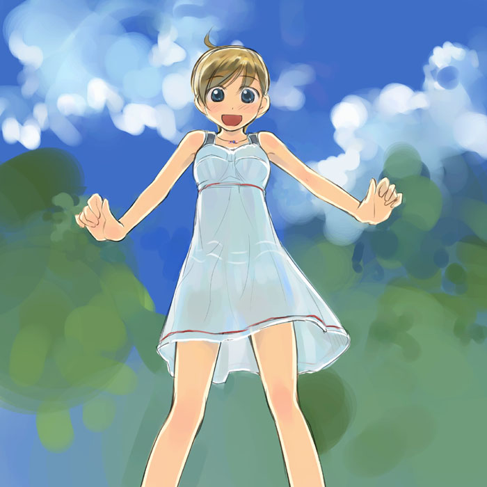 ikeda jun (mizutamari), tagme, ahoge, blonde hair, blue eyes, dress, solo