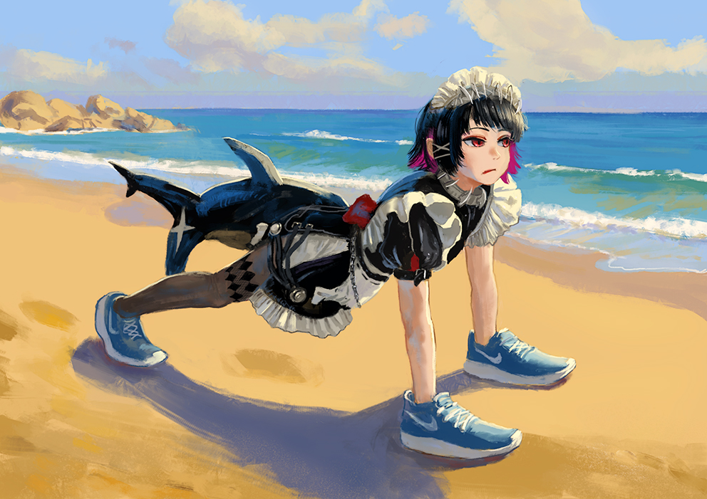 amibazh, ellen joe, tralalero tralala, nike (company), zenless zone zero, 1girl, ai-generated art (topic), all fours, beach, black hair, colored inner hair, cosplay, fins, fish tail, hair ornament, hairband, maid headdress, meme, metal hairband, multicolored hair, outdoors, parody, red eyes, red hair, scar, scar on tail, shark girl, shark tail, shoes, short hair, sneakers, spiked headband, tail, two-tone hair