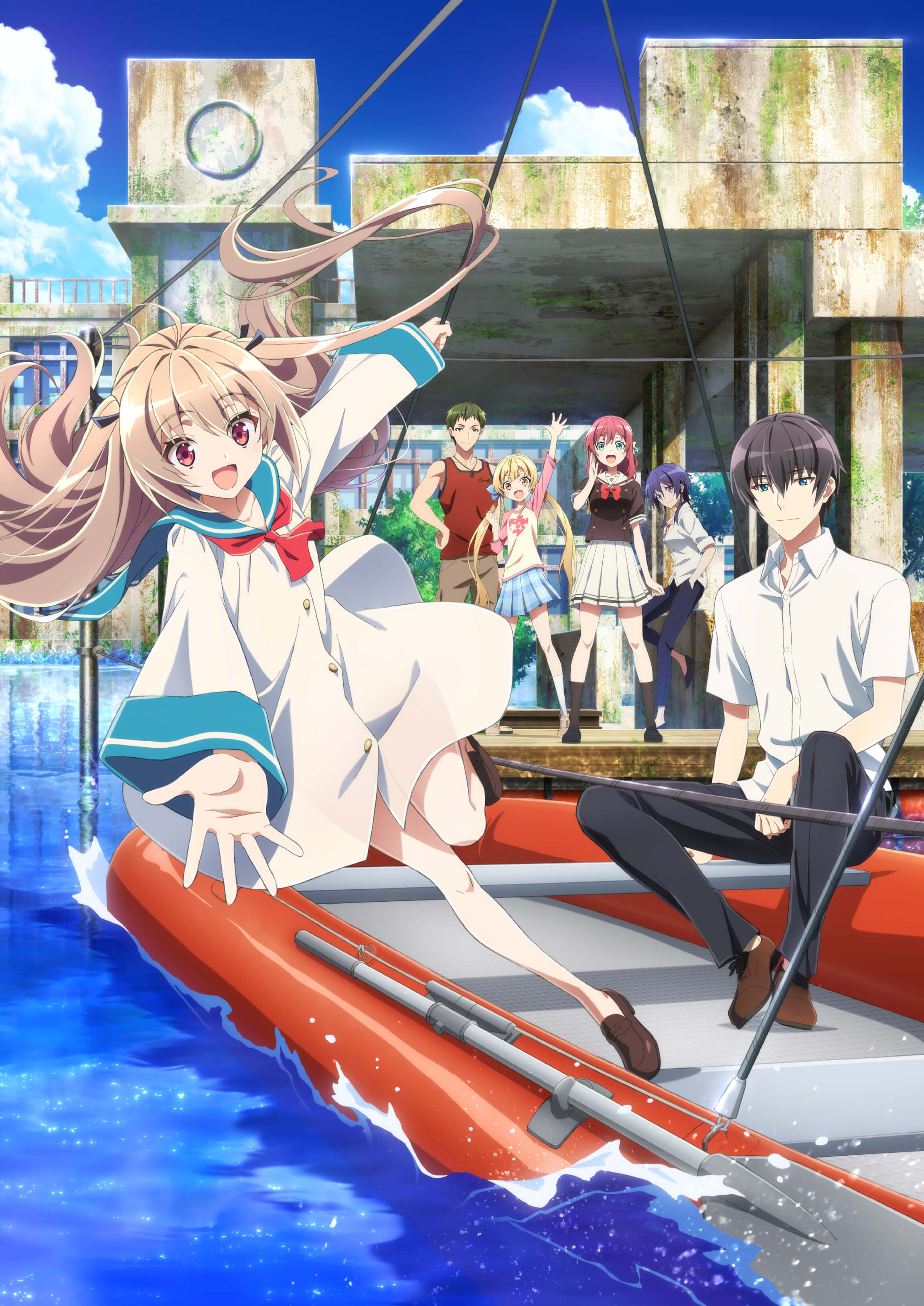 satou michio, atri, ikaruga natsuki, kamishiro minamo, nanami ririka, nojima ryuuji, atri-my dear moments-, absurdres, highres, key visual, official art, promotional art, 2boys, 4girls, :d, anime coloring, arm up, black hair, black pants, black ribbon, black shoes, blonde hair, blue pants, blue sailor collar, blue skirt, boat, bow, breasts, brown hair, brown pants, brown serafuku, brown shoes, brown tank top, catherine (atri-my dear moments-), cloud, collared shirt, dress, from side, full body, green hair, grey socks, hair ribbon, hand on own hip, hand up, large breasts, leg up, loafers, long hair, long sleeves, low twintails, medium breasts, multiple boys, multiple girls, neckerchief, open hand, open mouth, outdoors, outstretched arms, outstretched hand, palms, pants, pink hair, pink shirt, pleated skirt, purple hair, reaching, reaching towards viewer, red bow, red eyes, red neckerchief, ribbon, sailor collar, sailor dress, school uniform, serafuku, shirt, shoes, short hair, short sleeves, sitting, skirt, sky, small breasts, smile, socks, spread fingers, standing, standing on one leg, tank top, twintails, two-tone shirt, two side up, very long hair, very short hair, water, watercraft, white sailor collar, white shirt, white skirt, wide sleeves