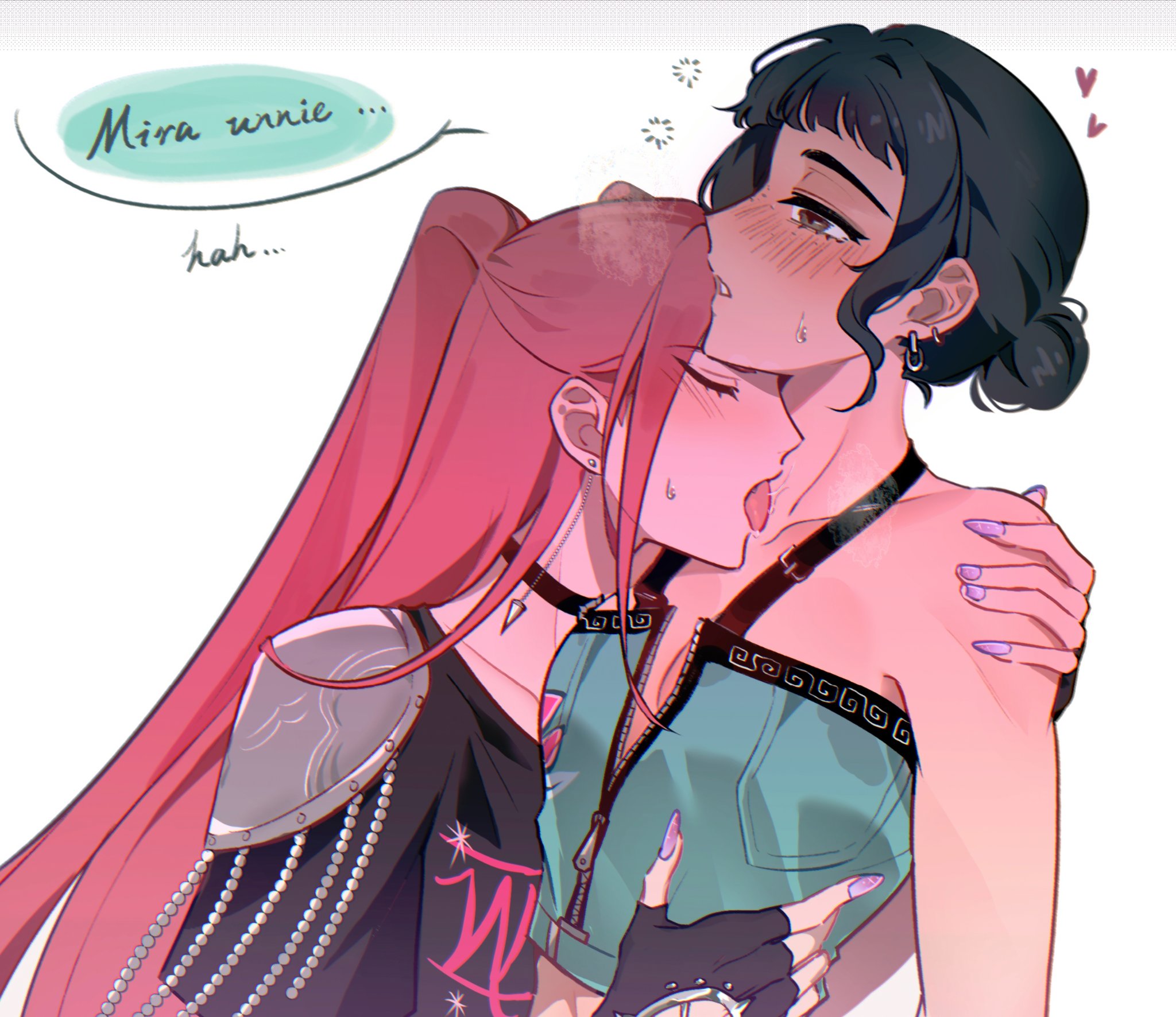 mira (kpop demon hunters), zoey (kpop demon hunters), kpop demon hunters, highres, 2girls, black choker, black hair, black shirt, blue shirt, blush, breasts, brown eyes, choker, cleavage, earrings, fingernails, freckles, hair bun, hand on another's shoulder, hand on another's waist, heart, jewelry, licking, licking another's neck, long fingernails, multiple girls, pink hair, purple nails, saliva, shirt, sleepykai32, speech bubble, squeans, sweat, tongue, tongue out, twintails, white background, yuri