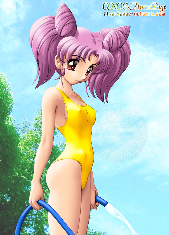 onoe, chibi usa, bishoujo senshi sailor moon, 1990s (style), 1girl, breasts, brown eyes, bush, child, cloud, cone hair bun, covered erect nipples, day, female focus, hair bun, hose, one-piece swimsuit, pink hair, retro artstyle, sky, small breasts, solo, swimsuit, tree, water