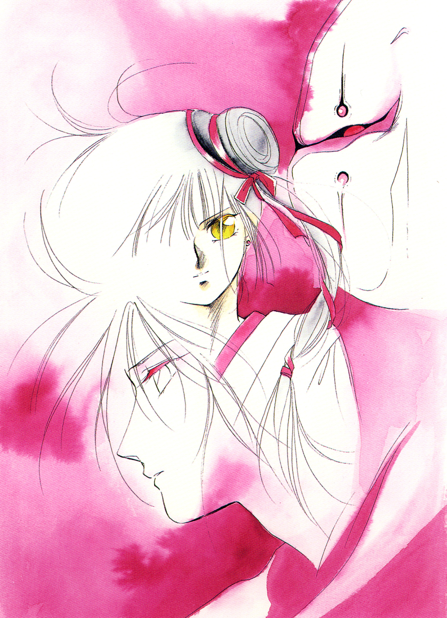 kakinouchi narumi, larva (vampire princess miyu), miyu (vampire princess miyu), vampire princess miyu, highres, scan, 1990s (style), 1boy, 1girl, blunt bangs, hair bun, retro artstyle, single hair bun, single side bun