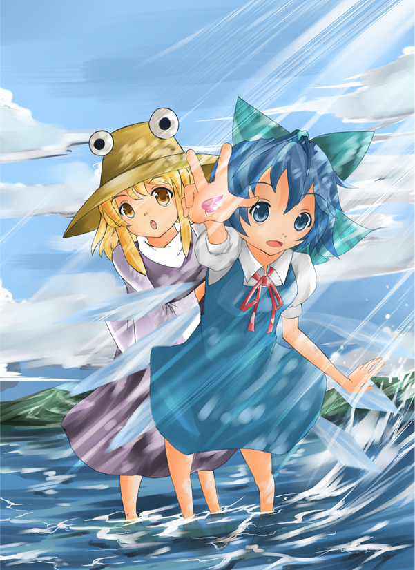 delivery (tenshikun), cirno, moriya suwako, touhou, 2girls, blonde hair, blue eyes, blue hair, bow, female focus, hat, multiple girls, ribbon, short hair, water, wind, wings, yellow eyes