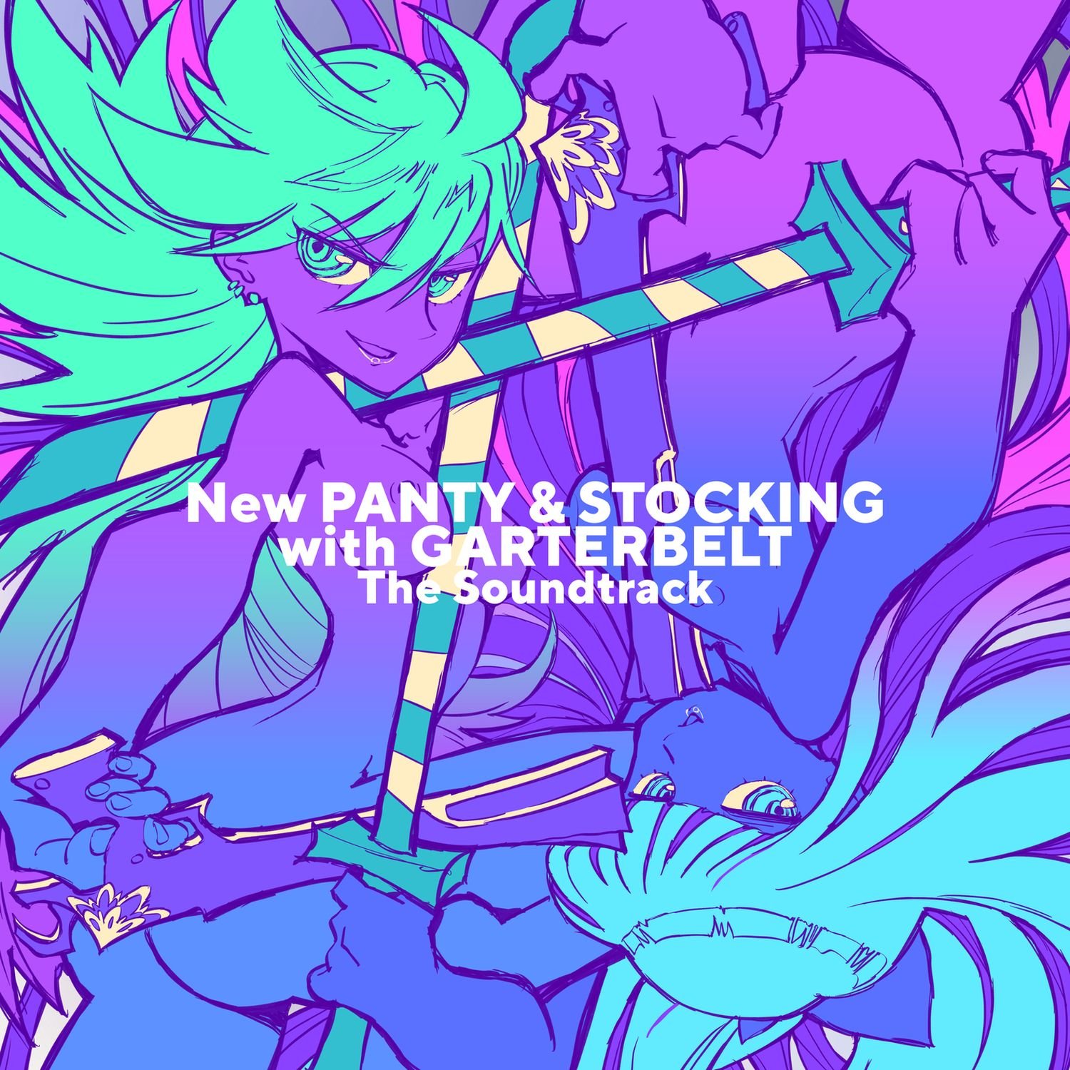 imaishi hiroyuki, panty (psg), stocking (psg), panty & stocking with garterbelt, trigger (company), highres, official art, second-party source, 2girls, ahoge, album cover, aqua hair, aqua skin, artist name, asymmetrical bangs, backlace (psg), between breasts, blunt bangs, breasts, butt crack, character name, collarbone, colored skin, company name, completely nude, copyright name, copyright notice, cover, earrings, english text, finger on trigger, fingernails, gradient hair, gradient skin, gun, gun to head, hair between eyes, holding, holding gun, holding weapon, jewelry, katana, large breasts, limited palette, lips, long bangs, long hair, looking at viewer, lowered eyelids, medium breasts, multicolored hair, multiple girls, narrow waist, nipples, nose, nude, open mouth, parted lips, pink hair, pink skin, purple eyes, purple hair, purple skin, siblings, simple background, sisters, stripe i & ii (psg), sword, sword to throat, twisted torso, v-shaped eyebrows, very long hair, weapon