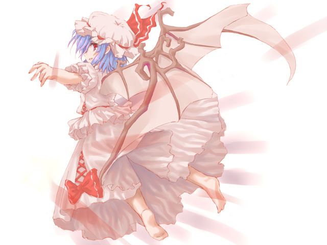 satou takeshi, remilia scarlet, touhou, 1girl, bat wings, blue hair, female focus, flying, full body, hat, red eyes, ribbon, solo, white background, wings