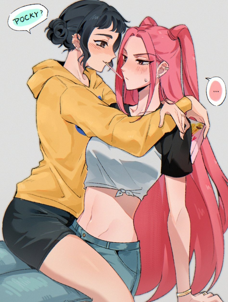 mira (kpop demon hunters), zoey (kpop demon hunters), kpop demon hunters, commentary, highres, …, 2girls, arms around neck, black hair, black shorts, blue pants, blush, brown eyes, crop top, denim, ear piercing, freckles, grey background, hair bun, hood, hoodie, jeans, jewelry, long hair, midriff, multiple girls, navel, pants, piercing, pink hair, ring, shorts, simple background, sitting, sitting on lap, sitting on person, sleepykai32, speech bubble, spoken ellipsis, toned, toned female, twintails, wedding ring, wife and wife, yellow hoodie, yuri